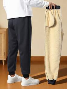 Men's Solid Color Drawstring Waist Pocket Tapered Casual Sweatpants - Navy Blue - View 2
