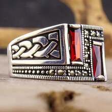 Vintage-Style Men's Ring With Synthetic - Rectangular Cut, High-Quality Stainless Steel Band, Comfortable & Durable For Daily Wear - Nhẫn vuông màu đỏ - Xem 12