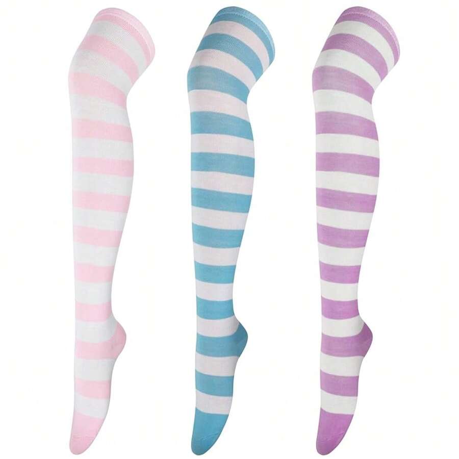 DRESHOW 3 Pairs Thigh High Socks Striped Over Knee Thin Tights Long Stocking Knee High Leg Warmer{"Color_name":"3Pairs:Pink/Blue/Purple"} - Nhiều màu2 - Xem 1
