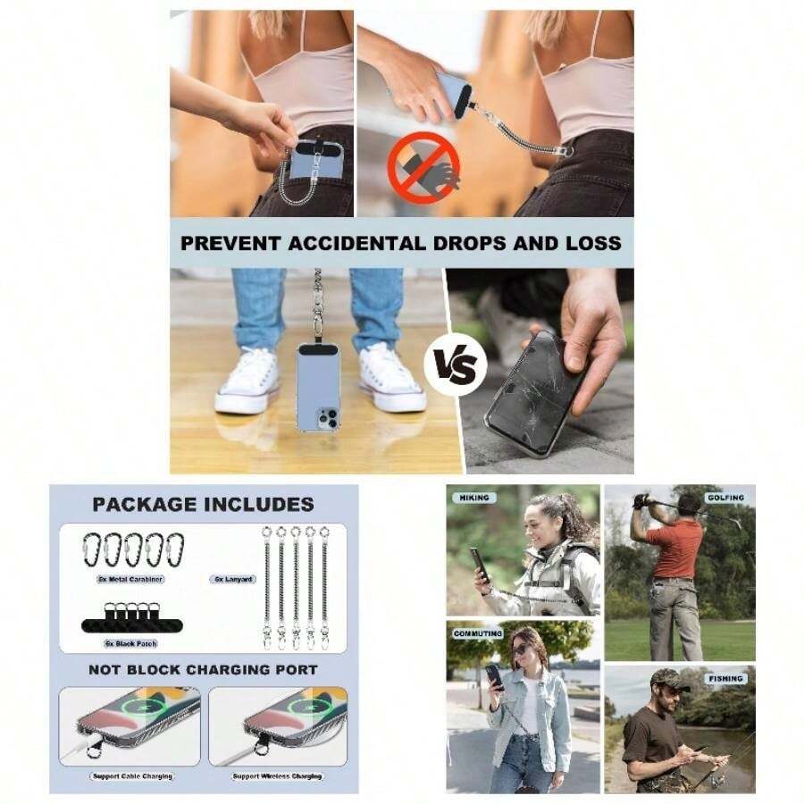 - Paquete de 5 cordones para telfono con 5 parches y 5 mosquetones, correa de  universal para telfono celular compatible con la mayora de telfonos - Paquete de 5 negros - Ver 1