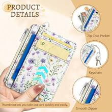 Flowers Credit Card Holder Small Wallet Women, Floral Slim RFID Blocking Wallet Woman Keychain With Zipper Coin Pocket, Front Pocket Thin Travel Card Case Organizer With ID Window Ladies Gift{"Color_name":"PurpleFlower"} - 多色18 - 查看 7