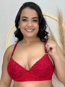 Plus Size Bra With Reinforced Microfiber Lace - Red - View 1