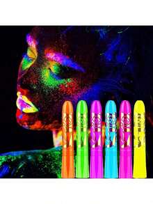 12色夜光面部及身体彩绘蜡笔，适用于万圣节服装派对，霓虹黑光荧光面部及身体彩绘，适合儿童和成人，万圣节嘉年华霓虹面部彩绘蜡笔 - 彩色 - 查看 6