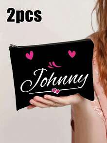 1pc Customizable Heart Pattern Makeup Bag With Personalized Name, Storage Pouch, Charming New Year Gift - Black - View 16