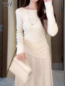 Y6Y Bộ đồ hai mảnh kiểu Pháp lãng mạn năm 2025 gồm áo len và chân váy dài, mang đến vẻ ngoài ấm áp, sang trọng và thoải mái cho đầu xuân/thu. - Màu be - Xem 11