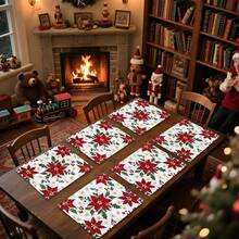 1 buc/4 buc/6 buc/100 buc Covorașe decorative de Crăciun cu model Poinsettia - Protecții de masă dreptunghiulare din poliester, lavabile la mașină, suporturi decorative pentru sufragerie, articole pentru petreceri, cadouri de Crăciun