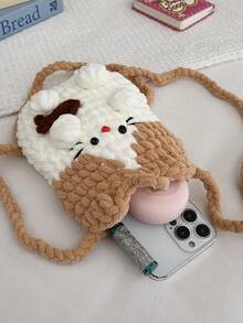 1 pieza Bolso bandolera de punto con diseño de dibujos animados de moda para otoño/invierno, bolso de hombro mini hecho a mano con parches y colores contrastantes, adecuado para atuendos diarios, fiestas, regalo de cumpleaños