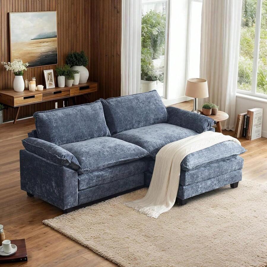 87" Cloud Sectional Sofa, Comfy L-Shaped Extra Deep Seat Sofa Couch For Living Room,Modern 2-Seat Convertible Loveseat Sofa With Ottoman For Small Space(Navy Blue),23107838 - 藏蓝色 - 查看 1