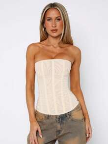 Women's Vintage Strapless Corset Tops Zip Back Boned Mesh Bustier Bodyshaper Tube Top For Casual Party Evening Wear - 米色 - 查看 1