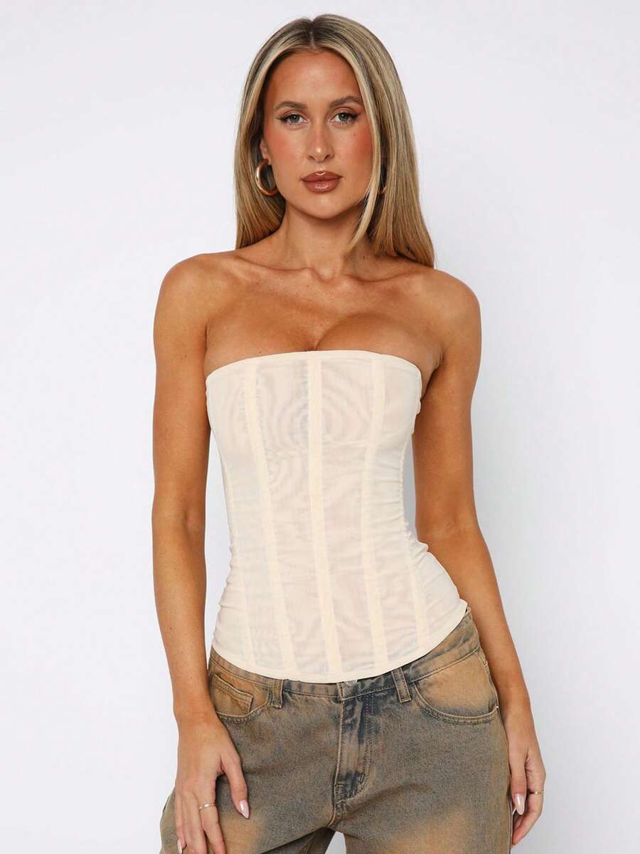 Women's Vintage Strapless Corset Tops Zip Back Boned Mesh Bustier Bodyshaper Tube Top For Casual Party Evening Wear - 米色 - 查看 1