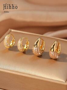 Hihho 4 件/套锆石镶嵌女士耳环，闪亮优雅 18K 镀金经典环状耳环套装 - 金黃色 - 查看 5