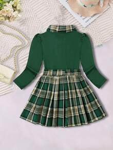 Girls Ribbed Knit Cardigan & Pleated Plaid Skirt 2 Pieces Set, Spring/Autumn - Green - View 3