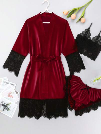 Set Bata Satin de 3 Pzas Bata Bralette Short Encaje  Comodo Fresca Sexy Mujer