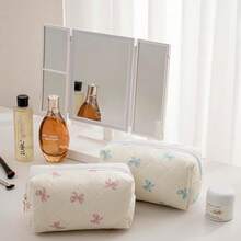 Makeup Bag Travel Cosmetic Bag For Women Girls, Zipper Make Up Pouch, Floral Flowers Toiletry Organizer Makeup, Portable Storage Cosmetic Travel Cloth Bag (Pink+Blue Bow Tie){"Color_name":"TwoPack:(Pink+BlueBowTie)"} - 兩件裝:(粉紅色+藍色領結) - 查看 6