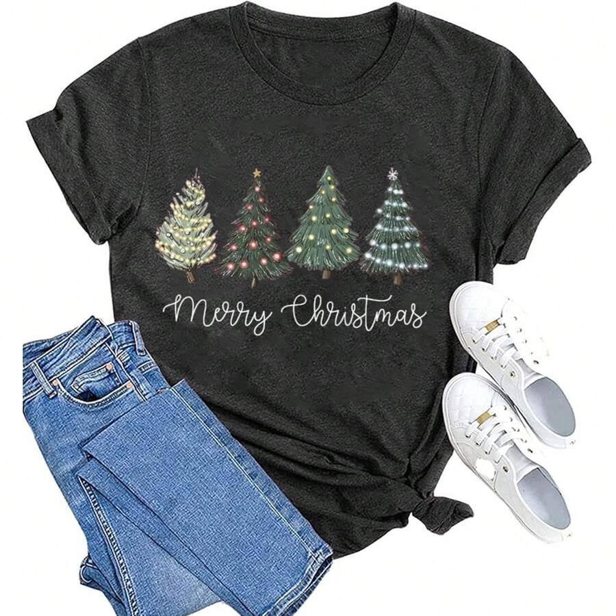 Hcihgzr - Camisas De Navidad Para Mujer, Diseño De Árbol De Navidad, Diseño De Árbol De Navidad, Para Fiestas - Oscuro2 - Ver 1