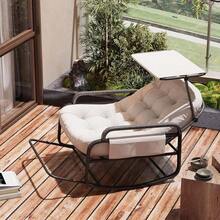 YCZ Grau/Beiger Rattanschaukelstuhl mit Sonnendach und klappbarem Fußhocker – ideal für Garten, Terrasse und Wohnzimmer