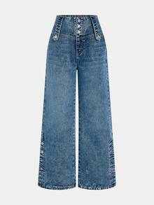 Magic Mia Women's High Waisted Wide Leg Jeans - Vintage Flare Denim Pants With Multi-Button Front & Side Accents | Retro Loose Fit For Streetwear, Casual & Everyday Style - 藍色 - 查看 5
