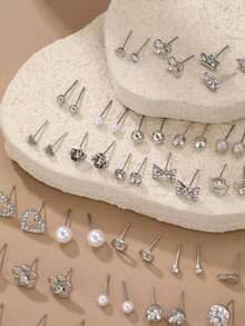 30pcs/Set Minimalist Bow, Flower, Pearl & Metal Cute Sweet Style Earrings Set For Girls - Silver - View 6