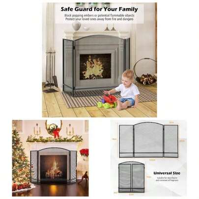 3 Panel Folding Fire Guard, Large Fireplace Screen Fence With Flexible Hinges, Wrought Iron Mesh Fire Panels Wood And Coal Firing, Stoves, Grills No P