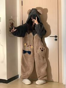 一件可爱小熊连帽珊瑚绒连体衣，女款，舒适保暖，冬季家居服，柔软舒适，长袖小熊图案，适合春秋季穿着，卡通熊耳连帽睡衣，甜美家居服，适合新年、情人节等节日，情人节礼物，女士礼物 - 彩色 - 查看 8