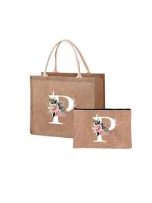 Mini Floral & Letter Print Linen Tote Bag, Women's Fashion Shopping Bag/Handbag/Grocery Bag, Teacher's Portable Tote Bag, Ideal Shopping Tote/Lunch Bag - Khaki - View 45