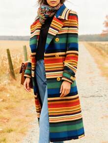 Valentine's Day, Date Night Outfit, Gifts For Her Magic Mia Women's Vibrant Color Block Striped Long Coat - Christmas & Winter Trench With Double-Breasted Design | Fashion Forward Wool Blend Coat For Holiday Parties, Daily Wear & Seasonal Style - Stripe - View 3