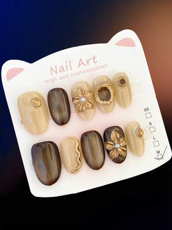 10 Pieces Handmade Press On Nails,Fake Nails,Beauty Nail Art,Cute Nails, Simple Style,Press On Nails Short,Halloween Nails,Brown Nails,Suitable For Women And Girls For Daily Or Holiday Wear, High-End Quality