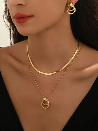 3pcs Fashionable & Elegant Minimalist Tie-Shaped Double-Layer Stud Earrings Set, Versatile European And American Style