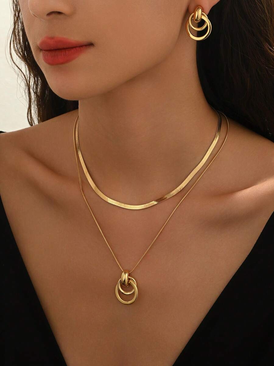 3pcs Fashionable & Elegant Minimalist Tie-Shaped Double-Layer Stud Earrings Set, Versatile European And American Style