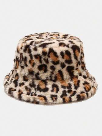 1 pieza de sombrero de cubo de mujer de estilo retro de felpa para otoño e invierno, versátil y grueso, nuevo y cálido, sombrero de cubo con estampado de leopardo multifuncional y cálido para mujer, sombrero de cubo de felpa cálido de otoño e invierno, sombrero de cubo de cordero de moda estadounidense con estampado de leopardo