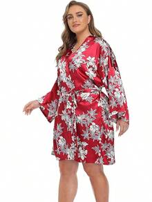 iFigure Batas cortas de satén para mujer, talla, batas de - Vino floral - Ver 9
