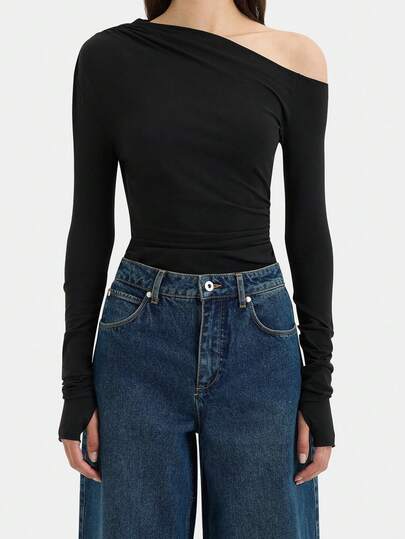 Women's Black Asymmetric Collar Long Sleeve Top, Ruched Knit Fabric With Moderate Stretch, Regular Hem, Fashionable Blouse