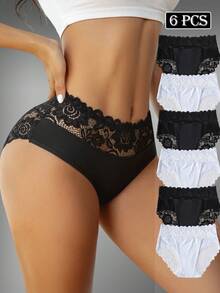 6pcs/Pack Women's High Waist Seamless Lace Thong Panties - Black and White - View 4