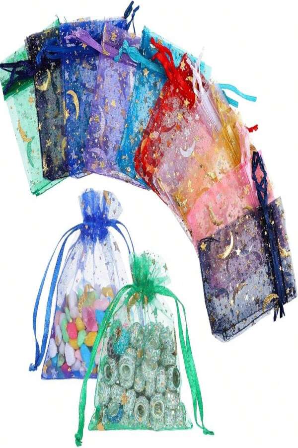 Bruislard 100 Pcs Moon Star Organza Bags 35&#34;X29&#34; Small Mesh Gift Bags Gift Pouches With Drawstring For Party Festival Weddings Christmas Wrapping Supplies (Multiple Colors)