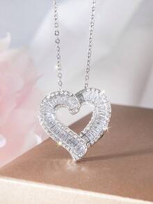 1pc Elegant Hollow Heart Pendant Accessories For Women Chic Birthday Jewelry - Silver - View 5