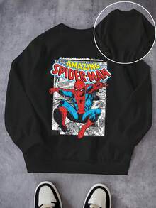 Áo nỉ lót lông cừu ấm áp cho bé trai, họa tiết hoạt hình Người Nhện Marvel, áo chui đầu cotton thể thao cỡ lớn, phong cách thường ngày/đường phố/trường học/Y2K, áo hoodie dài tay mềm mại và thoáng khí, thiết kế vui nhộn, áo bé trai/bé gái, mùa tựu trường, thích hợp mặc đi học, ở nhà, mua sắm, thể thao ngoài trời và các dịp khác - màu đen - Xem 1