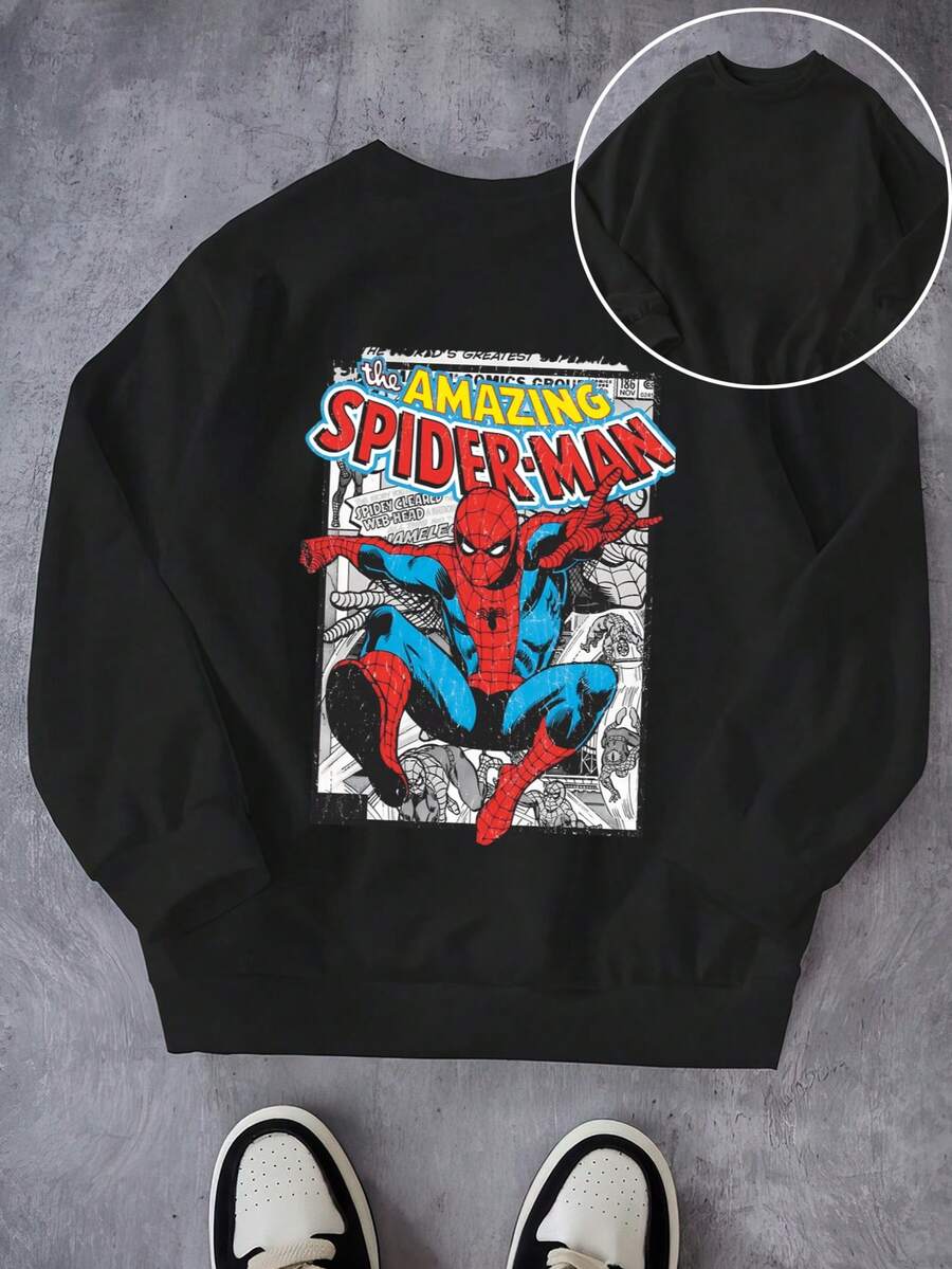 Áo nỉ lót lông cừu ấm áp cho bé trai, họa tiết hoạt hình Người Nhện Marvel, áo chui đầu cotton thể thao cỡ lớn, phong cách thường ngày/đường phố/trường học/Y2K, áo hoodie dài tay mềm mại và thoáng khí, thiết kế vui nhộn, áo bé trai/bé gái, mùa tựu trường, thích hợp mặc đi học, ở nhà, mua sắm, thể thao ngoài trời và các dịp khác - màu đen - Xem 1