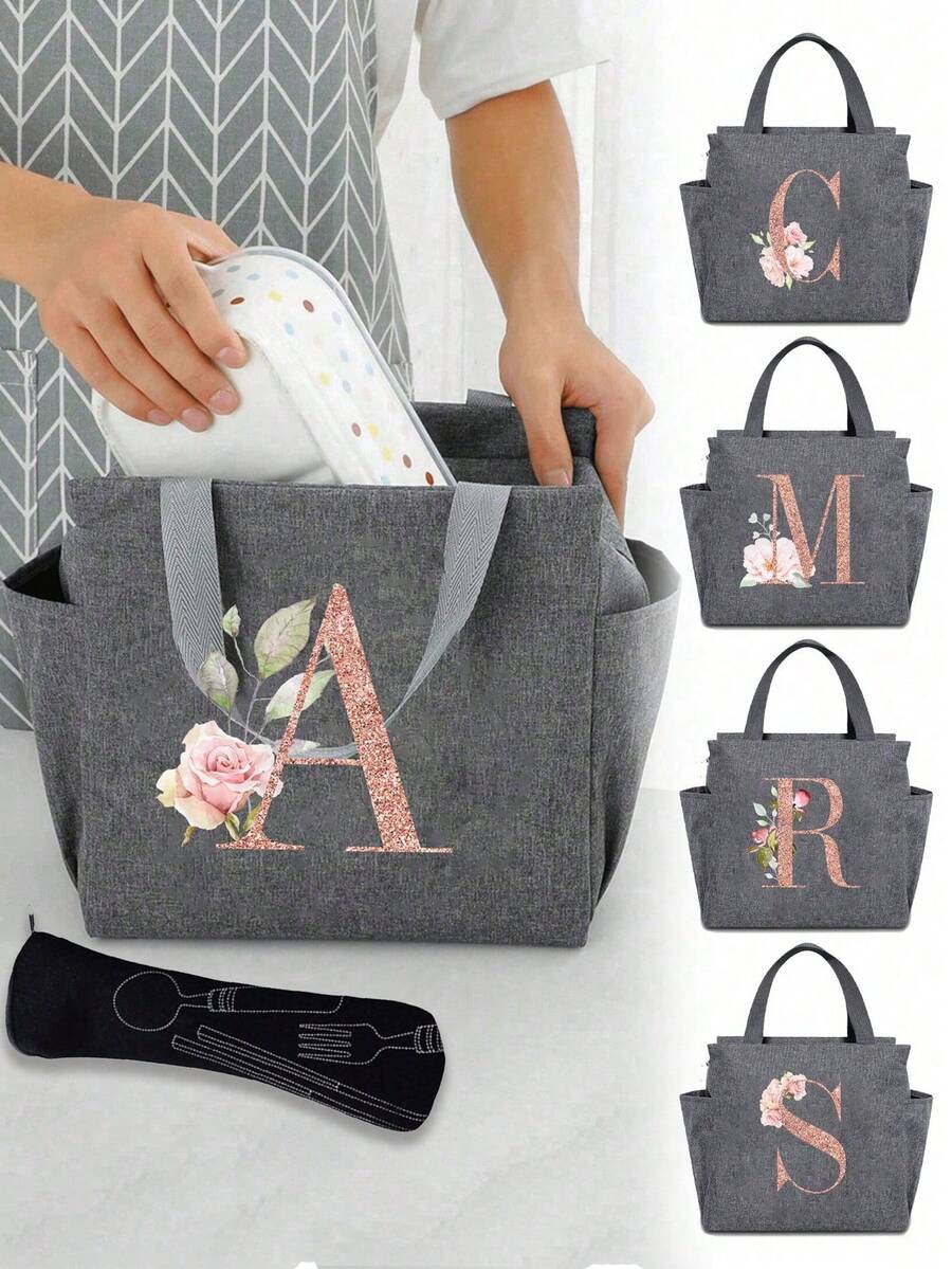 Personalized Initial Recognition Grey Insulated Lunch Bag - Canvas Thermal Lunch Tote, Zipper Closure, Large Capacity Aluminum Foil Lining, Suitable For Work And School Use, Portable Handheld Lunch Bag, Food Cooler Bag, Ideal For Work, School, Travel, And Women's Day Gift. Lightweight Reusable, Splash-Proof, Suitable For Picnics, Office, School And Outdoor Activities - Easy To Clean, Water-Resistant, Compact Design. - Grey - View 1
