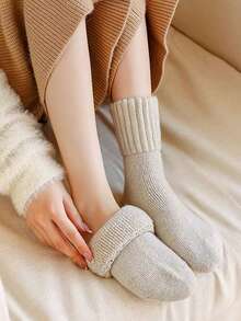 5 Paar Damen Dicke Thermisch Gefütterte Einfache Stil Warme Crew Socken, Herbst/Winter, Kuschelige Socken