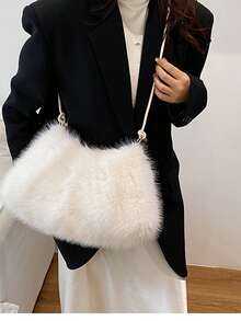 秋冬可爱毛绒云朵手提包，新款时尚女士通勤托特包，单肩包或斜挎包 - 米色 - 查看 5