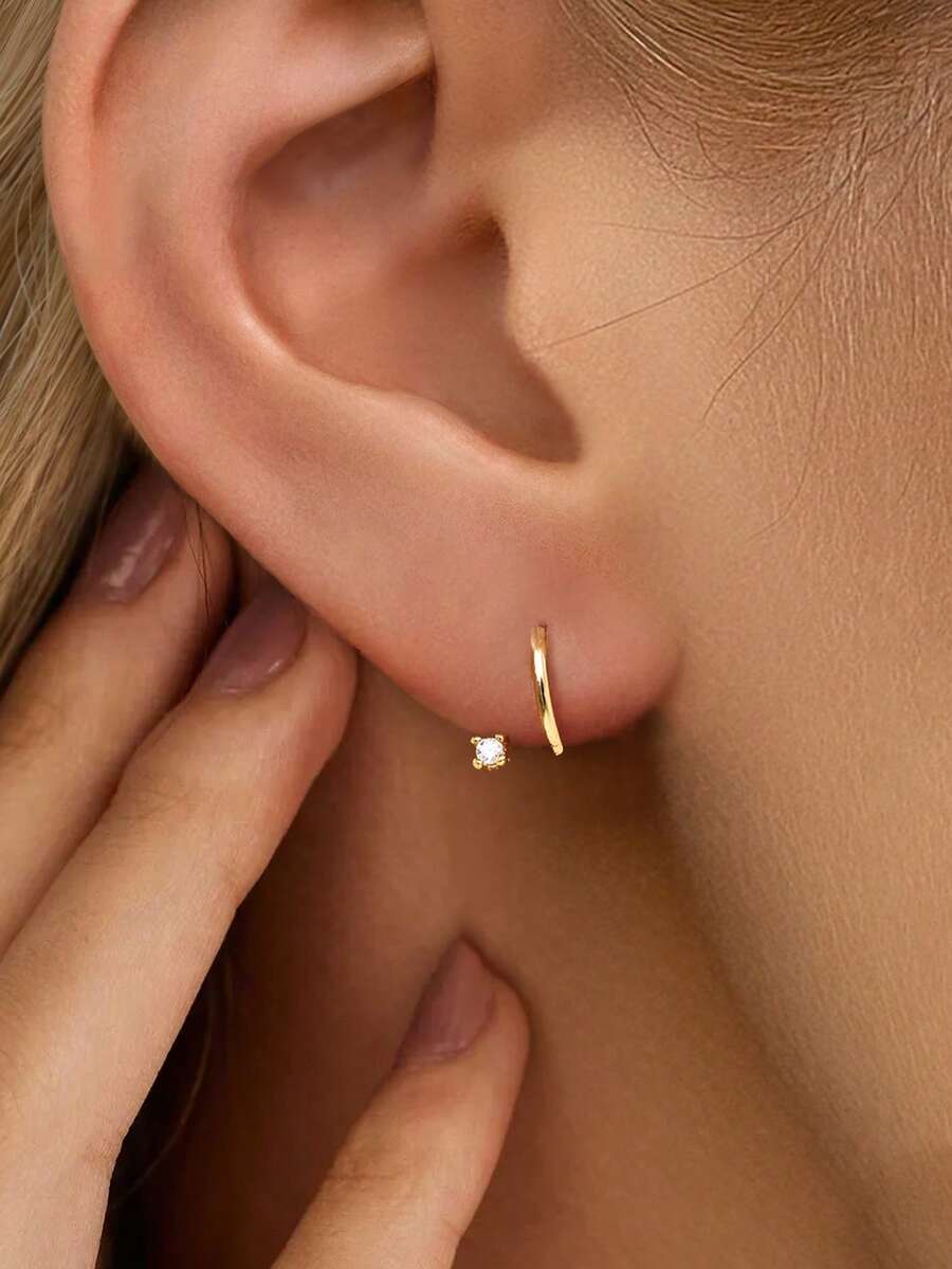 1 Pair Of S925 Sterling Silver Zirconia Earrings - Gold-Plated Hypoallergenic - Simple And Exquisite Women's Earrings - Sterling Silver Jewelry - Suitable For Daily Wear