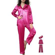 Womens 3Pcs Satin Pajamas Set Silk Pajama Sets XS-3XL Long Silky Pj Sets Nightwear Pjs Set Sleepwear Loungewear{"Color_name":"HotPink","Size_name":"Small"} - 多色11 - 查看 1