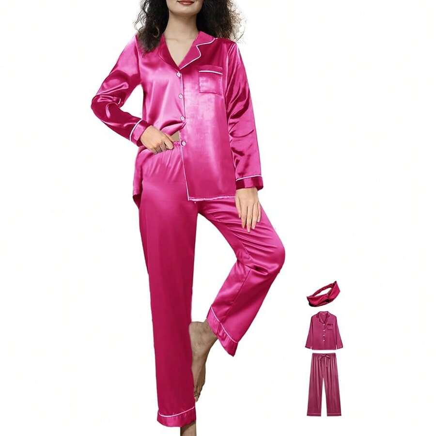 Womens 3Pcs Satin Pajamas Set Silk Pajama Sets XS-3XL Long Silky Pj Sets Nightwear Pjs Set Sleepwear Loungewear{"Color_name":"HotPink","Size_name":"Small"} - 多色11 - 查看 1
