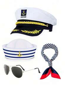 Conjunto de disfraz, conjunto de sombreros, combinación de sombreros, atuendo de cosplay, gorra de marina, gorra blanca, gorra militar retro de tapa plana, gorra de marinero capitán de marina, a rayas azul y blanco, gorra de capitán, gorra de marinero, bufanda, gafas, guantes, conjunto, tapa redonda, atuendo de yate, fiesta, Halloween, Día de San Valentín, regalo, verano, atuendo de fiesta, versátil, atuendo sexy, suministros de fiesta, accesorios de disfraz