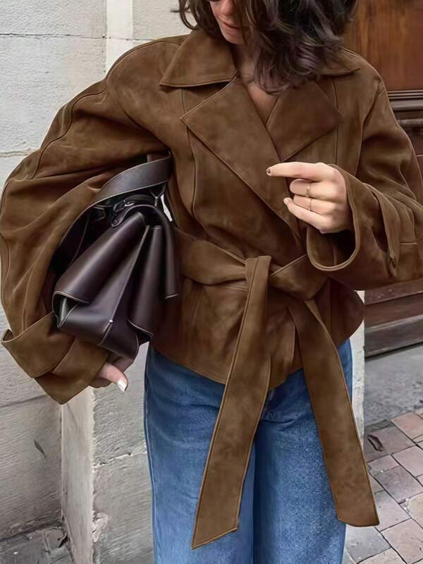 Veste élégante en tricot marron pour femmes, avec ceinture à la taille, col châle, manches longues