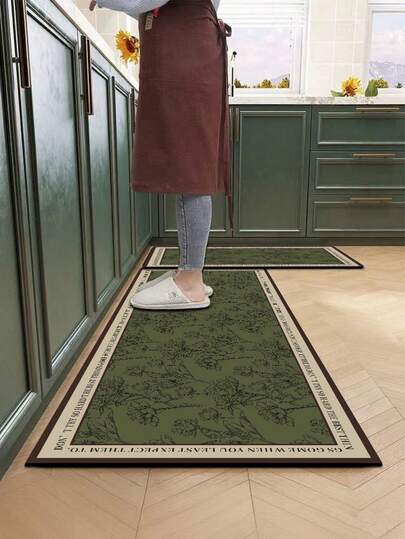 1pc Silica Gel Kitchen Mat, Olive Green Base Color With Botanical Floral Line Drawing Pattern, Surrounded By Decorative Text, Combining Natural Floral Elements And Artistic Text Border, Luxury And Fashionable Kitchen Carpet, Cushioning And Anti-Fatigue