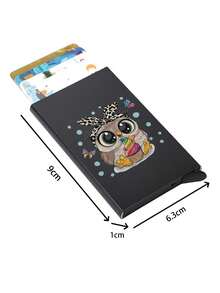 Portofel ultra-subțire din aluminiu cu blocare RFID pentru bărbați și femei - Suport de card pop-up cu design negru drăguț cu bufniță, protecție antifurt, potrivit pentru carduri de credit de afaceri, portofel mic cu carduri pentru femei