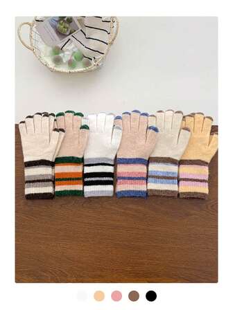 Termofodrade regnbågsfärgade pekskärmshandskar för kvinnor, varma stickade femfingersvantar, tjocka vindtäta cykelhandskar, höst/vinter