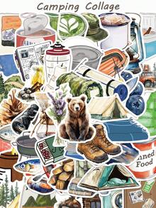 50pcs Outdoors Camping Collage Stickers Cartoon Tent Camera Beverage Decal DIY Notebook Phone Guitar Luggage Surfboard Stickers - Camel - View 1