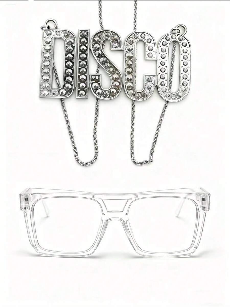 1 Set Retro Disco Style Outfit, Suitable For Men And Women, 1 Pair Of Transparent Glasses + 1 Silver Disco Necklace, Suitable For Theme Parties And Disco Gatherings